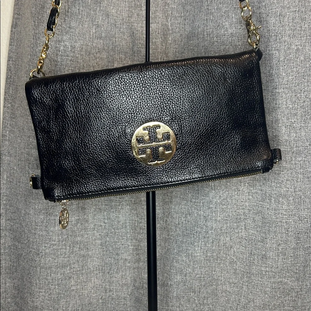 Tory Burch Black Leather Shoulder Bag with Gold Chain‎ & Logo